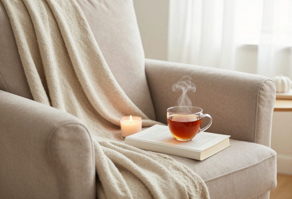 Cozy self-care corner with blanket, tea, candle, and book