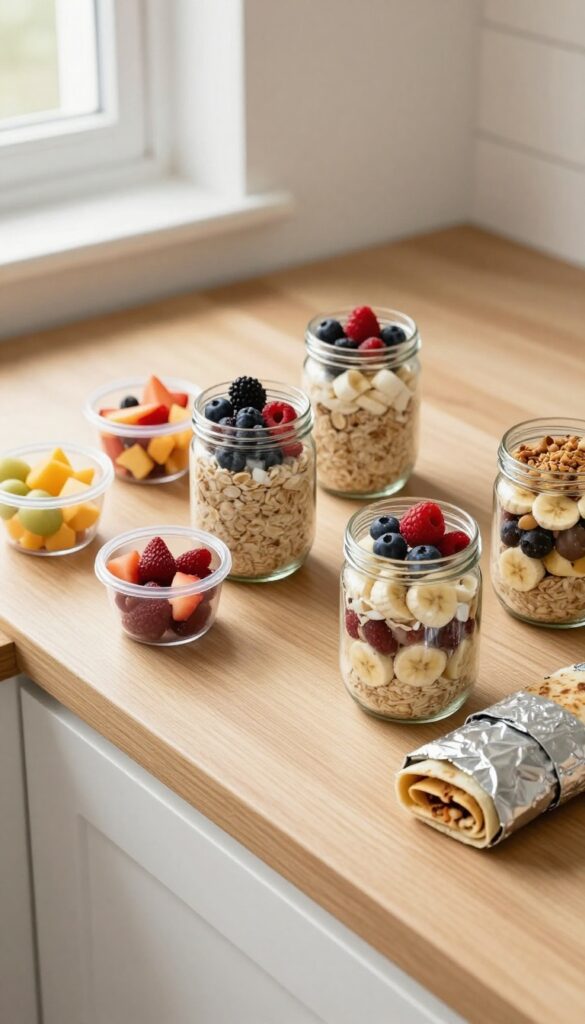 Prepped healthy breakfasts on a kitchen counter with overnight oats jars, chopped fruit containers, and wrapped breakfast burritos.
