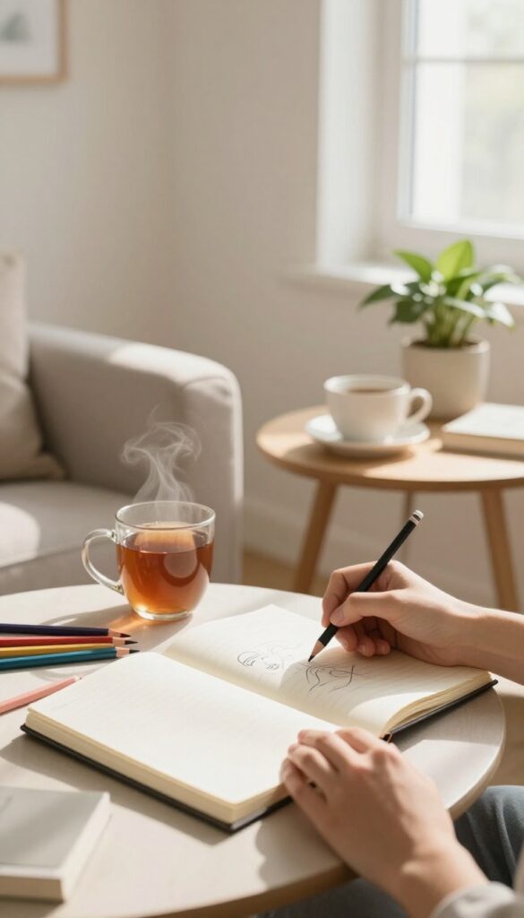 A person drawing in a sketchbook in a cozy, sunlit corner, with a mug of tea and colored pencils on a side table.