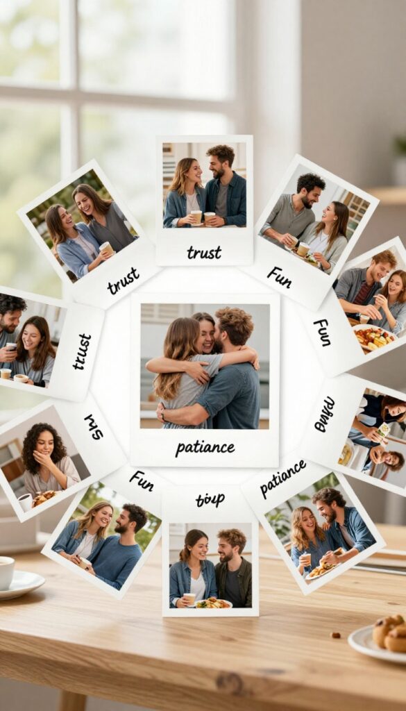A relationship goals vision board with candid photos of genuine connections, arranged on a desk in natural light.