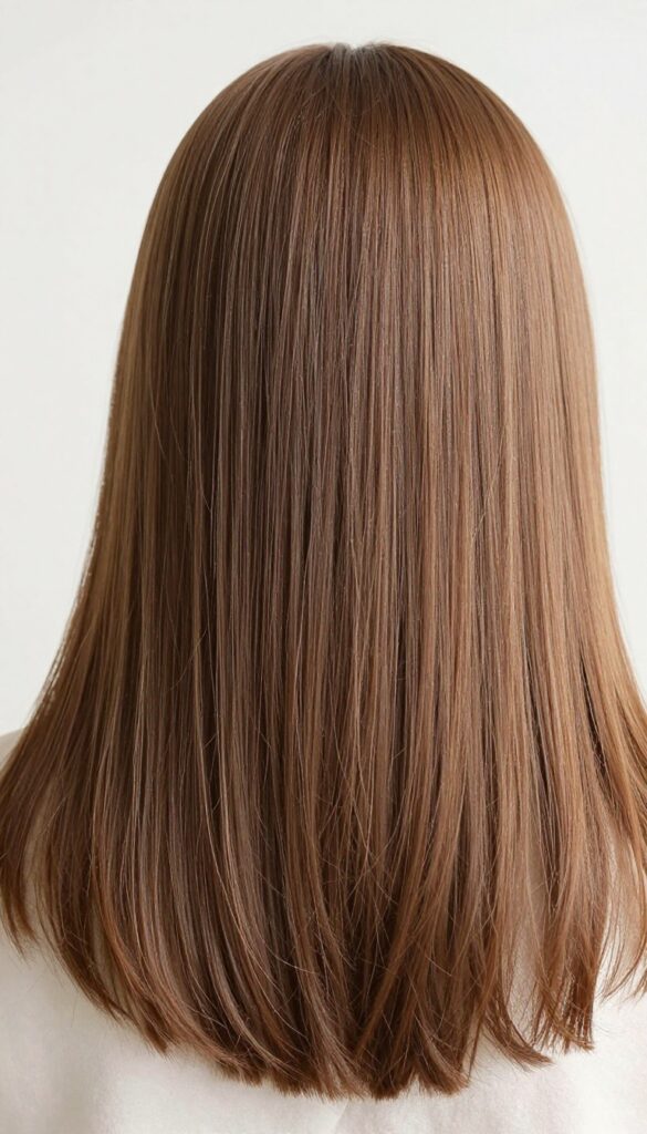 Woman with shiny, smooth hair being lightly misted with hairspray in natural light
