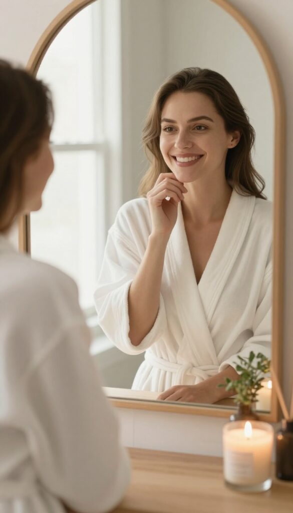 Woman smiling at herself in a mirror during a morning routine, with soft natural light and a cozy bathroom setting.