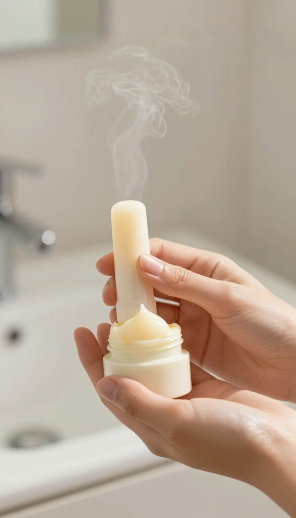 Woman applying lip balm before shower with steam in background