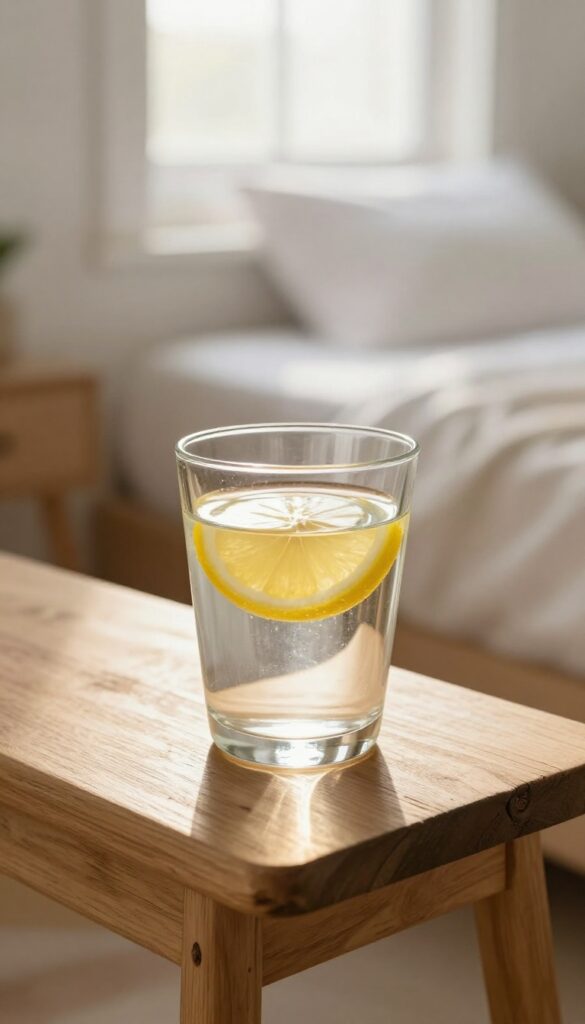Glass of water with lemon on nightstand, morning sunlight, fresh and clean bedroom setting.