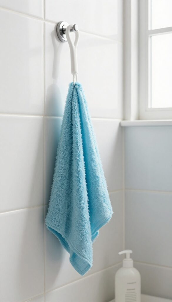 A long-handled loofah hanging in a bright, clean shower, ready for use.