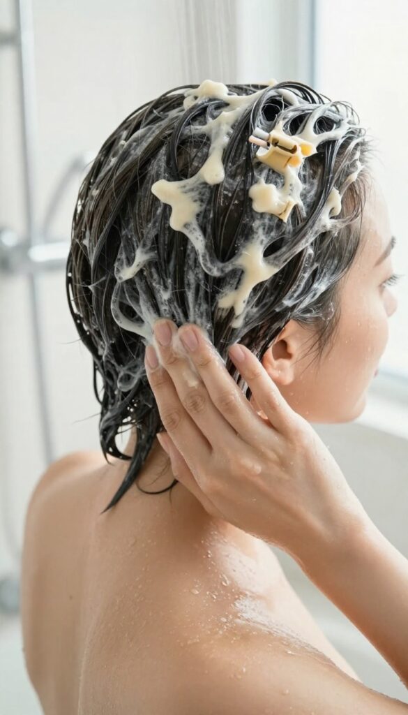 Woman applying a hair mask in the shower, wet hair clipped up, steam and natural light, self-care routine
