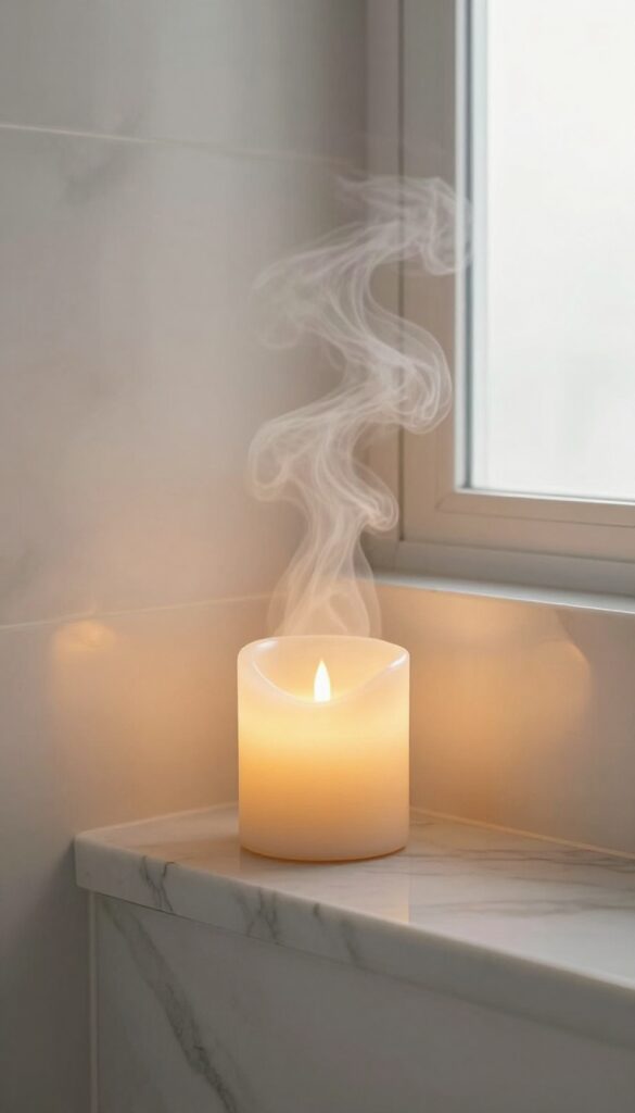 Bathroom with soft warm lighting, dimmable LED fixture, and waterproof LED candle on shelf, serene spa-like atmosphere.