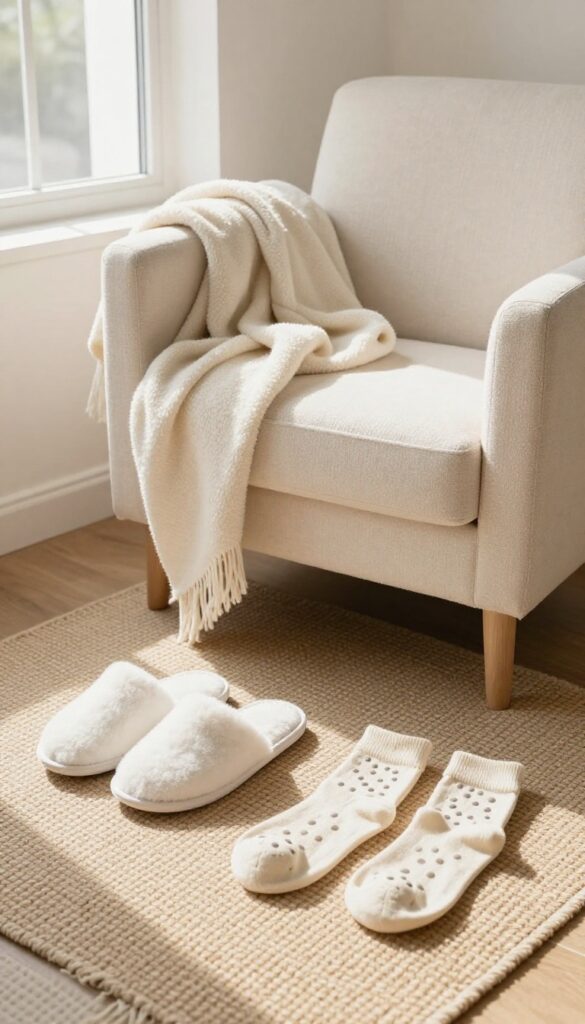 Cozy socks and slippers on a rug in a bright living room