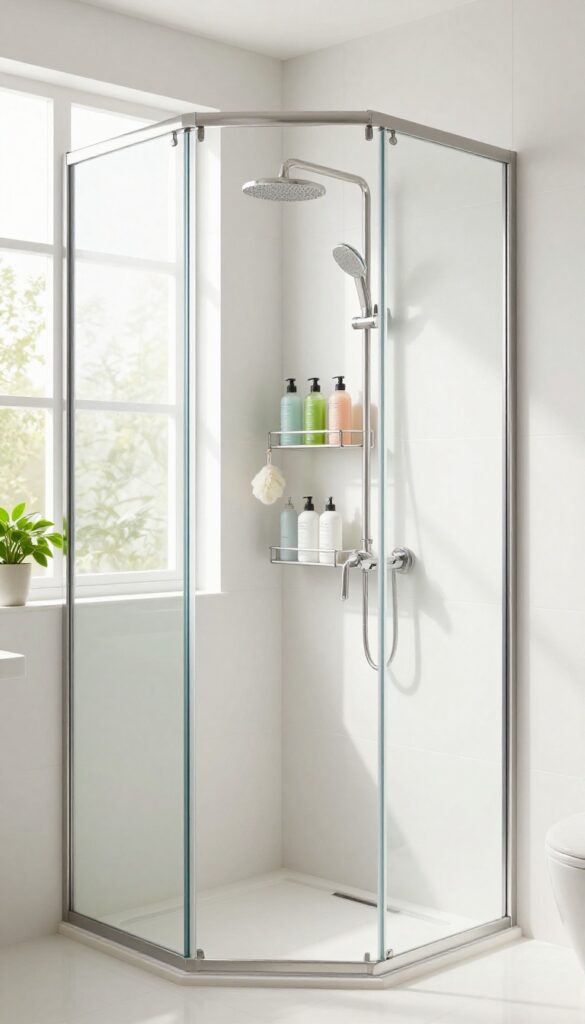 A well-organized shower caddy in a clean, bright bathroom