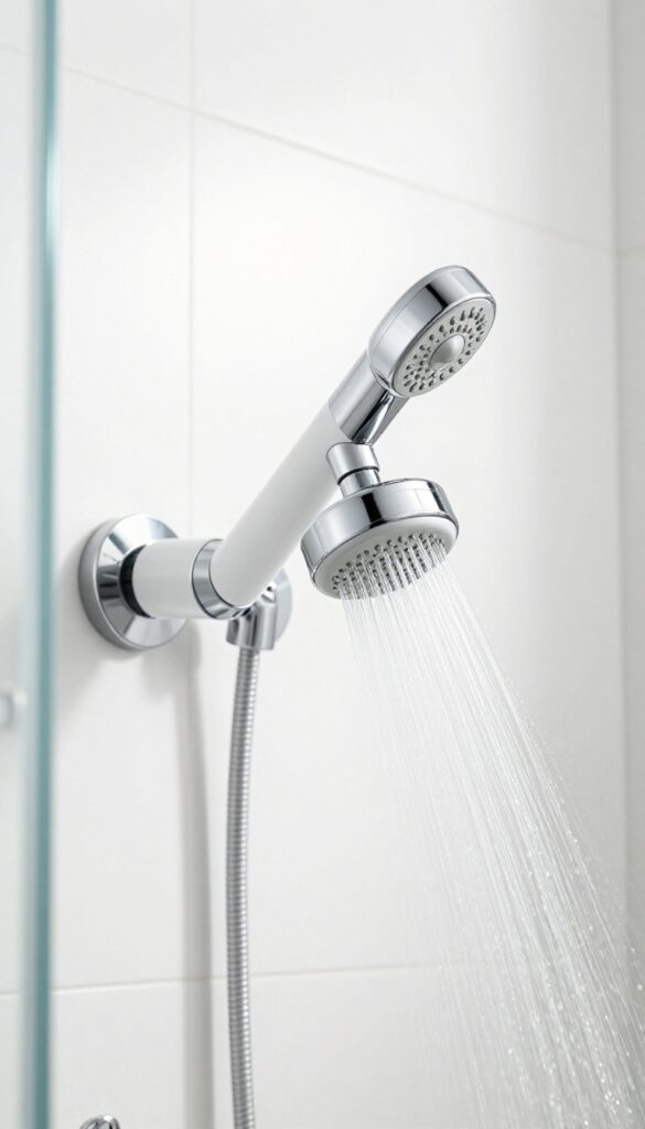 Modern adjustable showerhead with gentle water mist in a bright tiled shower.