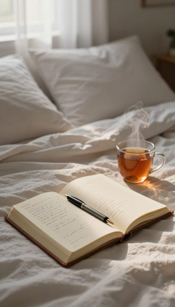 A gratitude journal on a nightstand with a pen and a cup of tea, cozy bedroom setting