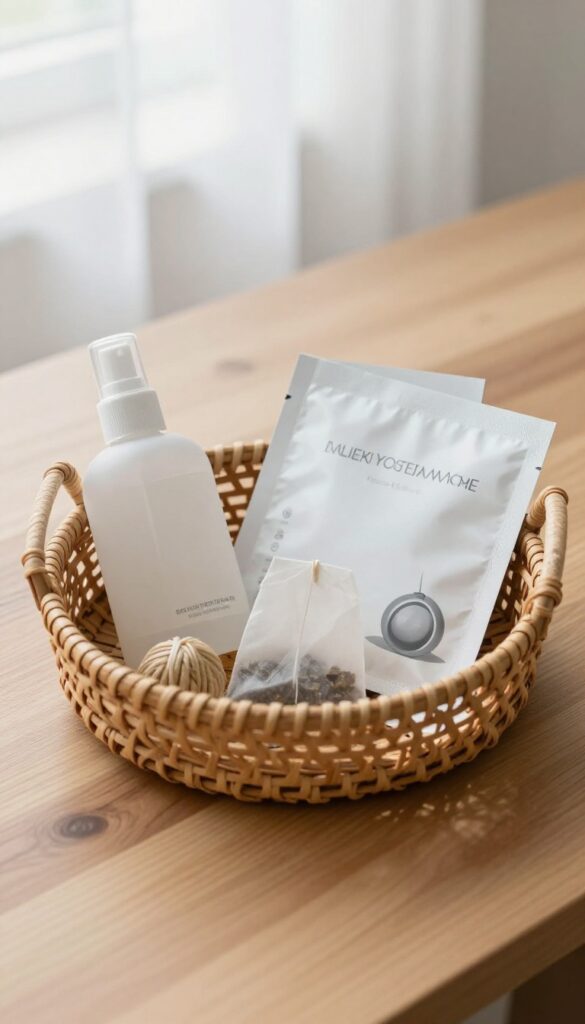 Quick Reset Basket with face mist, sheet mask, tea bag, stress ball, and meditation card on a desk