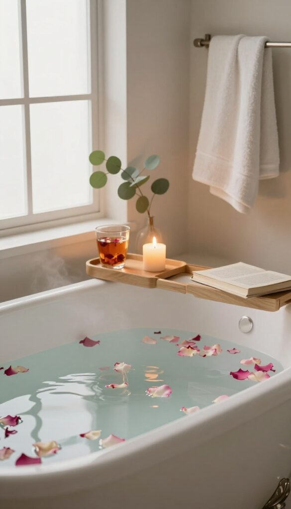 Cozy bathroom with a clawfoot bathtub, candles, and tea for a relaxing self-care bath ritual.
