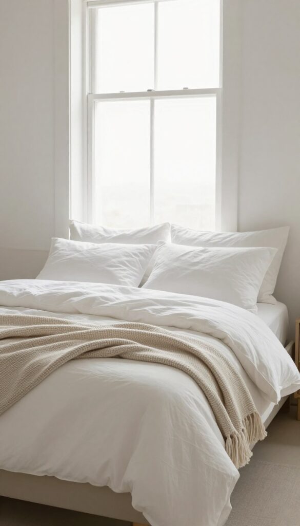 Neatly made bed with white linens and pillows in a bright, minimalist bedroom