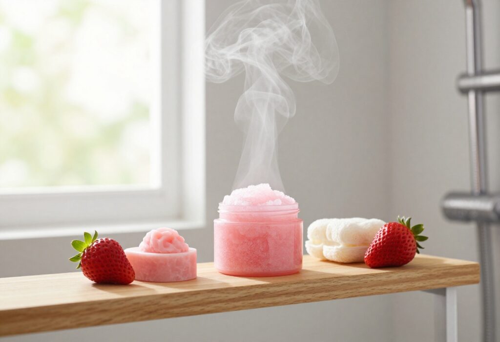 Strawberry shower products arranged on a wooden shelf in a bright bathroom with steam.