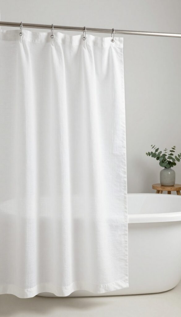 A white linen shower curtain in a bright bathroom, adding soft texture and elegance.