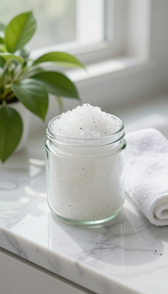 Glass jar of scalp scrub on marble counter with plant and towel