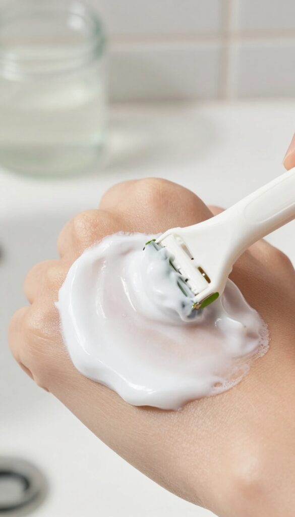 Shave cream with aloe vera being applied to skin, razor nearby, bright natural light