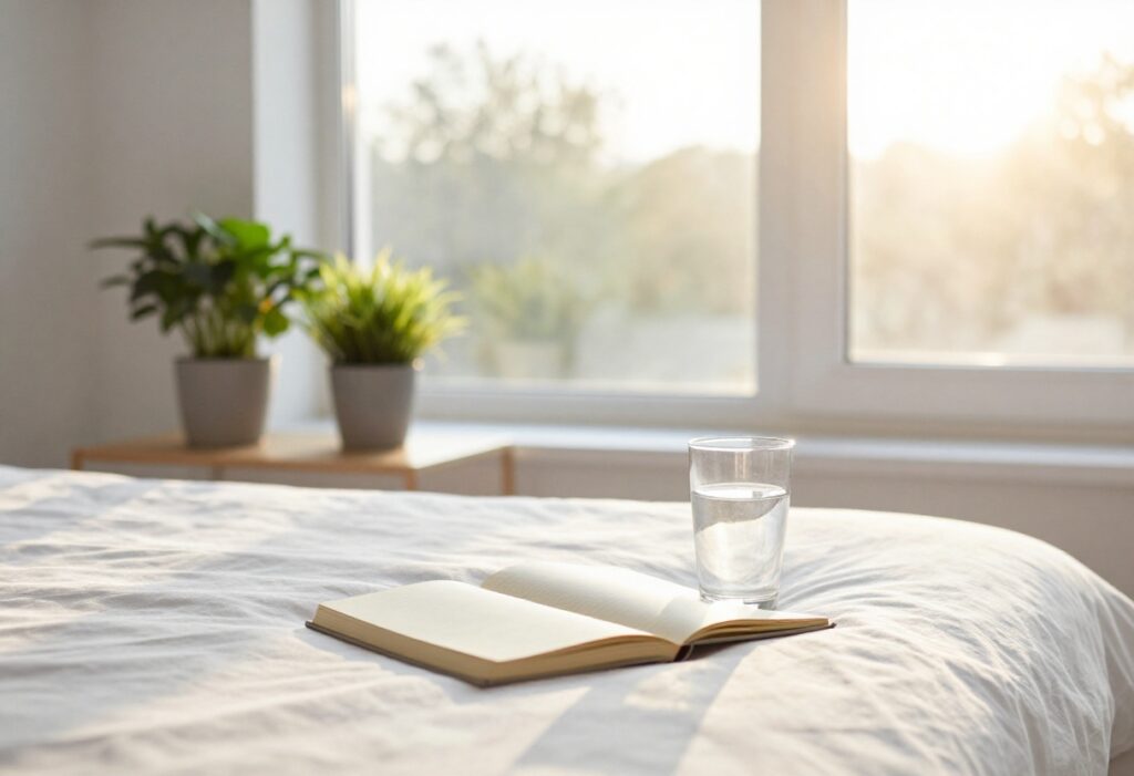 Peaceful morning self-care setup with journal, water, and sunlight