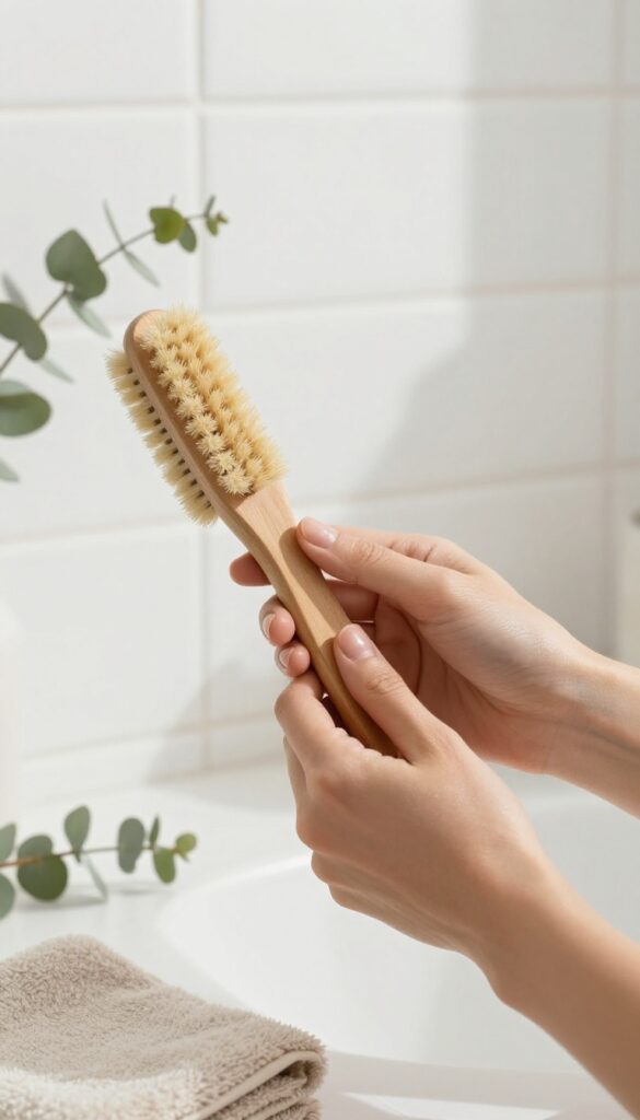 Woman dry brushing her arm with a wooden brush in a bright minimalist bathroom