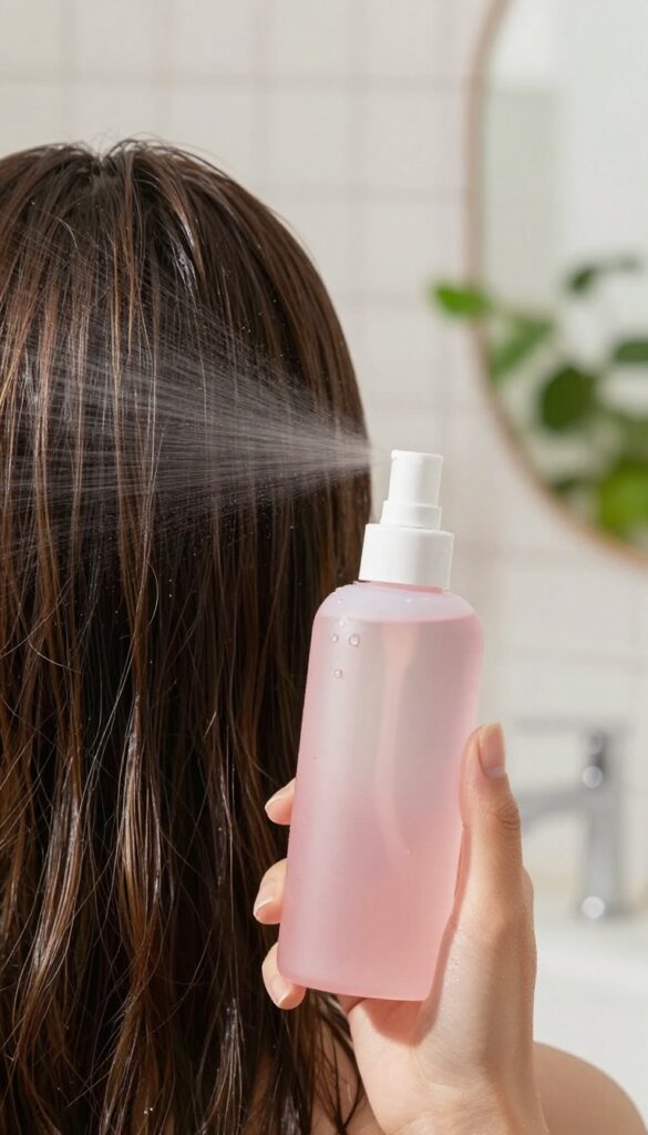 A woman spritzing strawberry conditioner mist onto her damp, shiny hair in a bright bathroom.