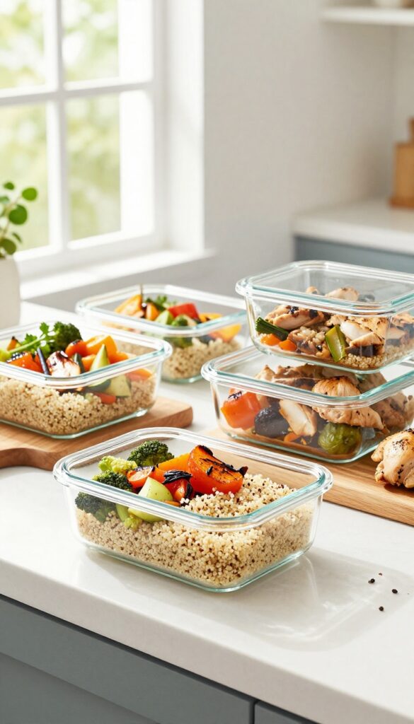 Batch cooking healthy meals with prepped ingredients in clear containers on a kitchen counter
