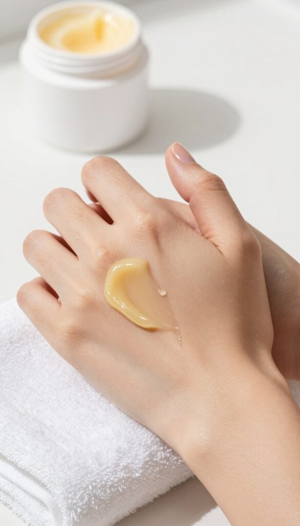 Person applying shea butter to damp elbow after shower, glowing skin, natural light