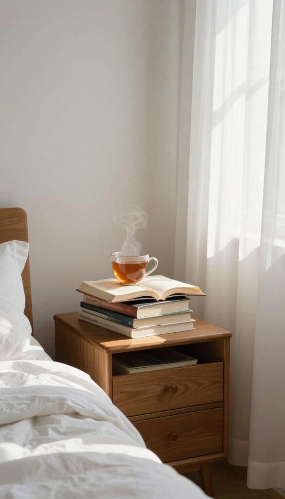 A peaceful morning reading setup with books and tea on a nightstand in sunlit bedroom