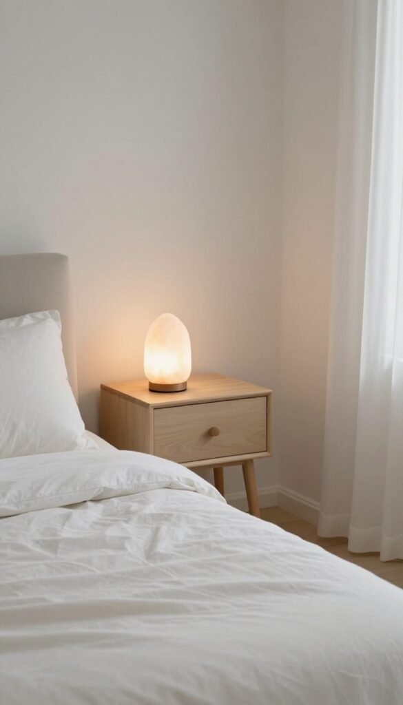 A tidy bedroom with a salt lamp on a clean nightstand, creating a peaceful atmosphere.