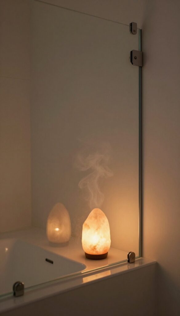 Dimly lit bathroom with salt lamp and candle creating a warm, relaxing mood for a night shower