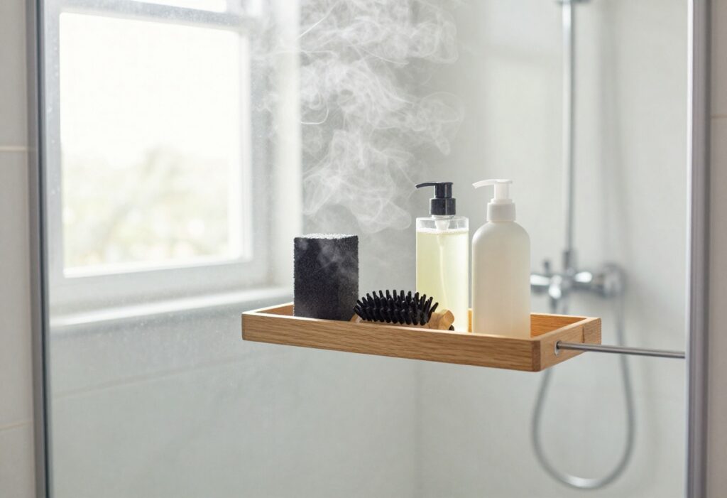 A collection of shower products including a charcoal scrub, scalp massager, and body wash arranged on a teak caddy in a bright, steamy bathroom.