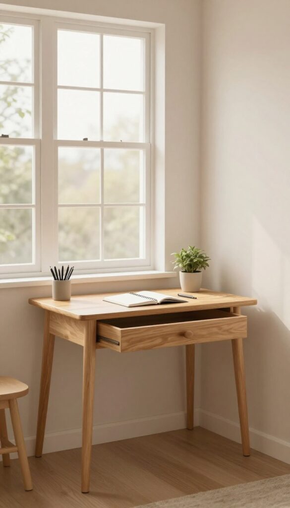 A neatly organized small desk drawer with a few items, in a bright and calm room.