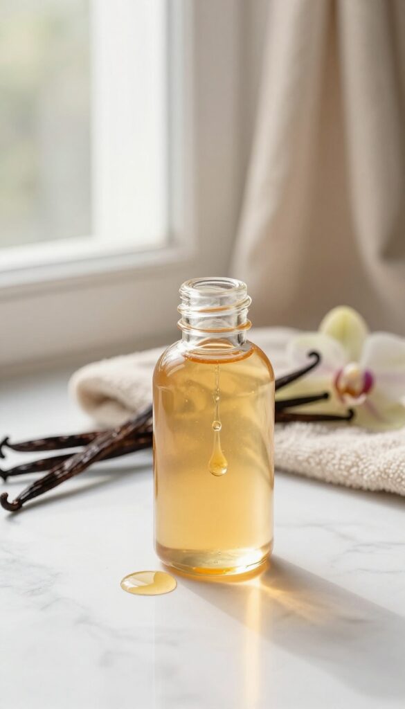 Vanilla and honey shower gel bottle on marble counter with honey drop and vanilla orchid in warm natural light