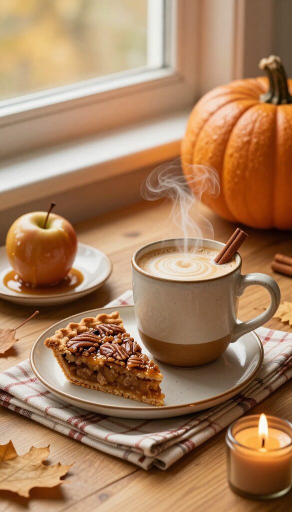 Cozy fall table setting with pumpkin latte, pecan pie, and caramel apple, warm natural light, autumn decor