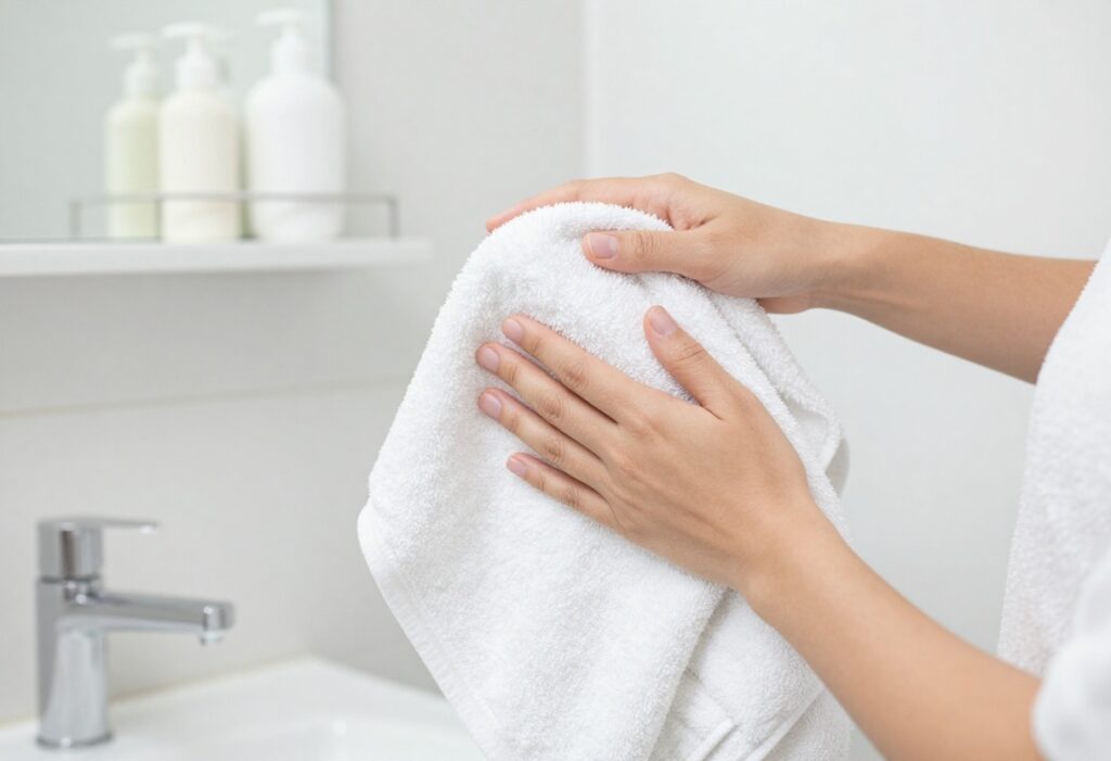 Person patting skin dry with a towel after shower, with skincare products in background.