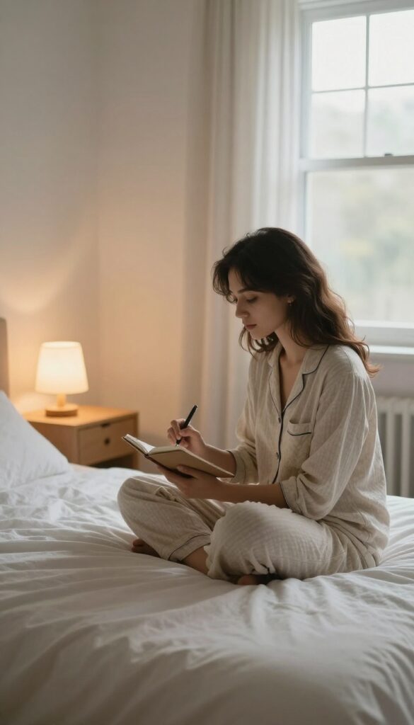 Woman in pajamas sitting on bed writing intention in notebook at night