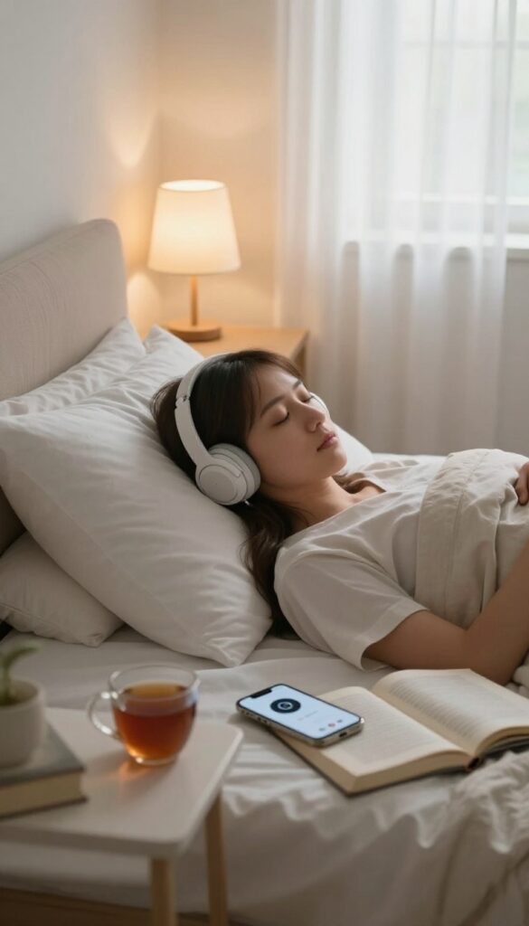 Person relaxing in bed listening to an audiobook with headphones, cozy bedroom setting with soft lighting and a smartphone showing a sleep timer.