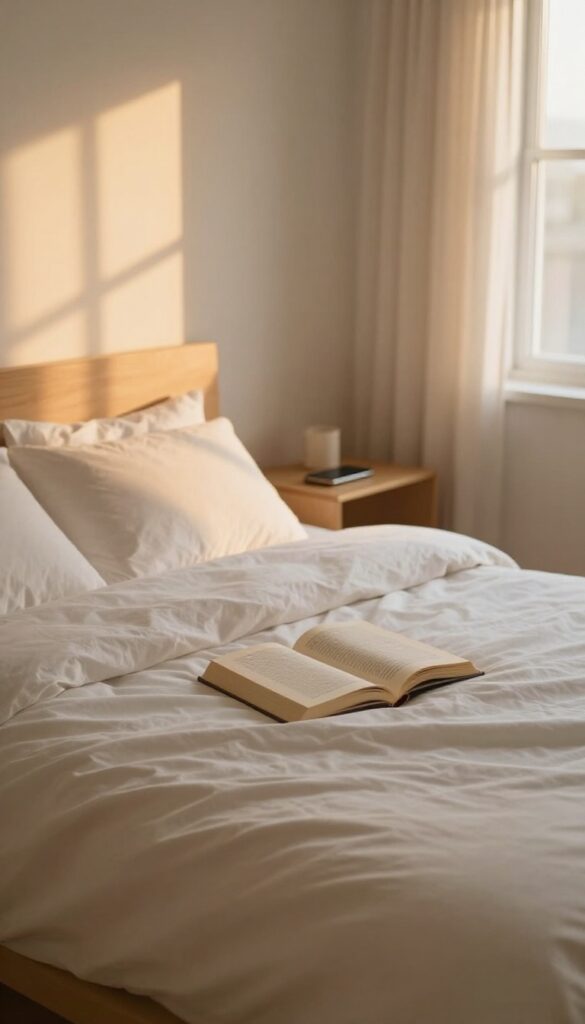 Person reading a book in a cozy bedroom at dusk, phone put away, digital sunset self-care.