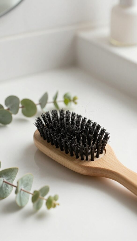 Pre-shower detangling brush on bathroom counter with soft natural light and eucalyptus