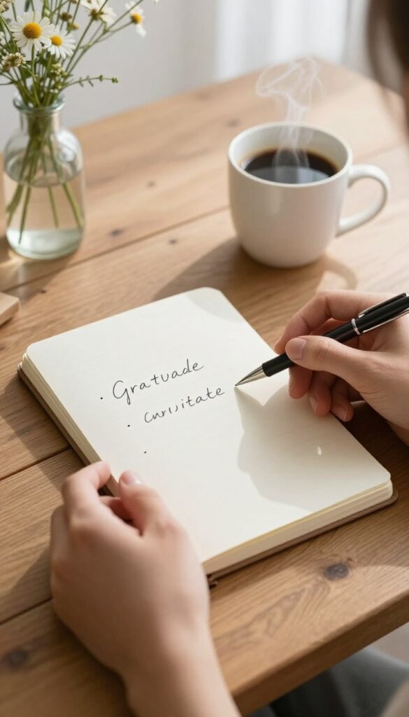 Person writing three things they are grateful for in a notebook on a wooden table with coffee and flowers in soft morning light.