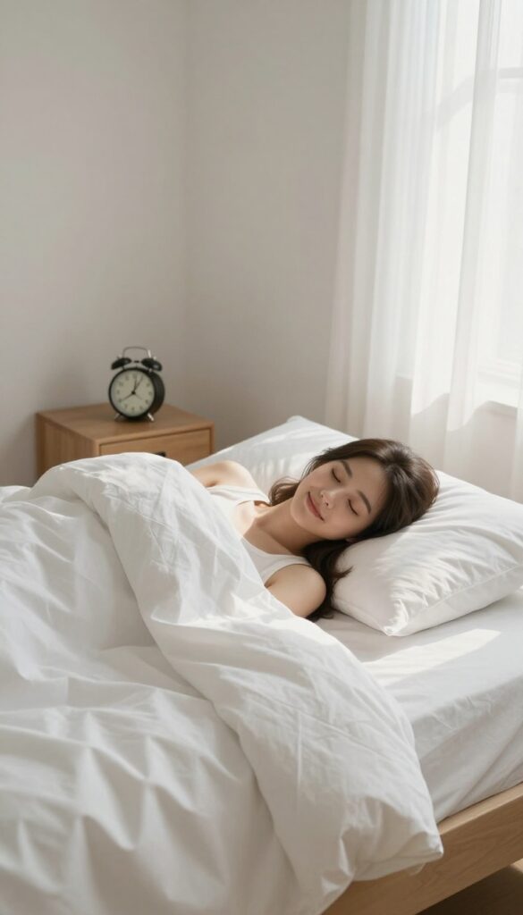 Person taking a short nap in a bright, cozy bedroom with soft linens and natural light