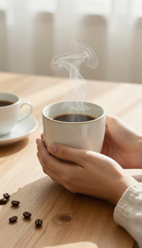 A person holding a ceramic coffee mug with steam rising, set on a wooden table in soft morning light, evoking a slow, mindful morning ritual.
