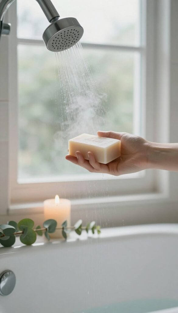 Mindful shower with soft light, steam, and candle, evoking relaxation and self-care.