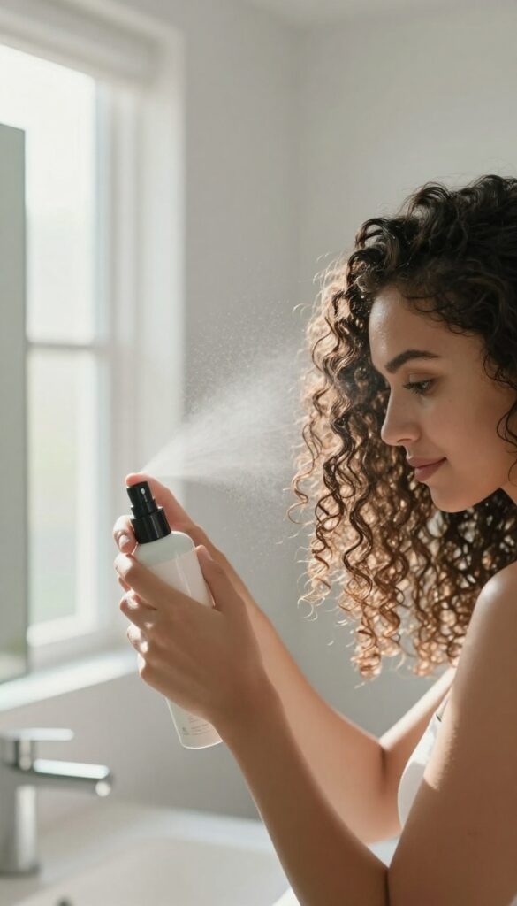 Woman spraying leave-in treatment on dry curly hair before shower in bright bathroom