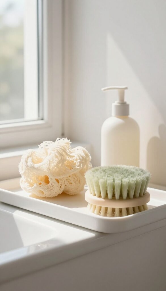 Natural loofah and silicone brush on a bathroom shelf with soft natural light