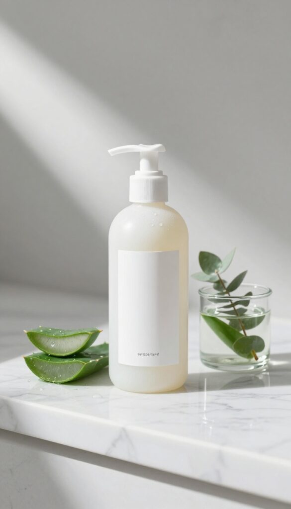 Sulfate-free clarifying shampoo on marble countertop with aloe vera and eucalyptus