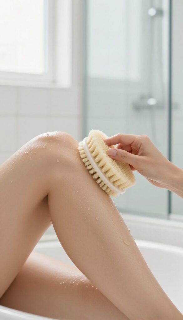 Woman exfoliating her leg with a silicone brush in a bright shower