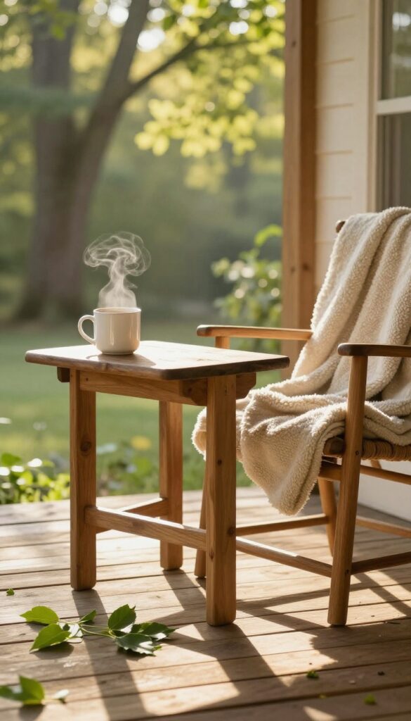 A serene morning porch with coffee mug and sunlight filtering through trees.
