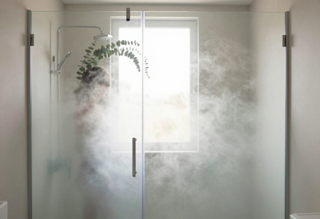 A person taking an energizing morning shower in a bright, spa-like bathroom with eucalyptus and steam.