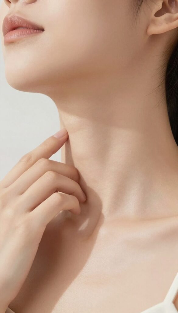 Woman performing lymphatic drainage massage on her neck before shower
